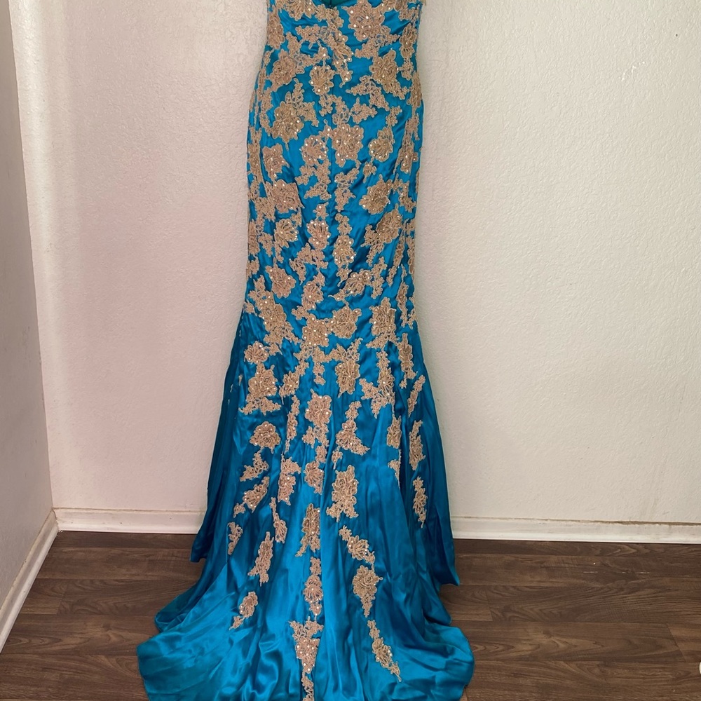 **Jovani Sweetheart Turquoise Lace Satin Mermaid Evening Gown 14 - Picture 6 of 8